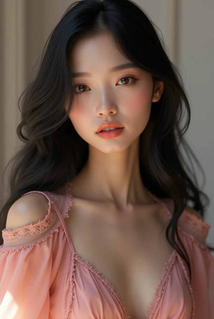 (((8k, Absurd quality, Ultra detailed))), Full body, Korean, 5’3, Long Silky Black Hair, luscious and glossy pink lips, Small Frame, Perky Small Boobs, Medium Round Ass, Dark Brown Eyes, Harmonious Face, Occasionally she adorns glasses, Blush Pink Wedding Gown, Ethereal Charm, Intricate Lace, and Daring Slit, A Masterpiece of Timeless Elegance and Modern Allure, Indulge in the allure of elegance with this enchanting pink lace lingerie set, adorned with a garter belt and complemented by sheer stockings for a captivating and seductive look. She has long lashes and beautifully groomed eyebrows, as well as long pretty pink nails. (Cum Glazed:1.3), sweaty, sweat, spreading legs