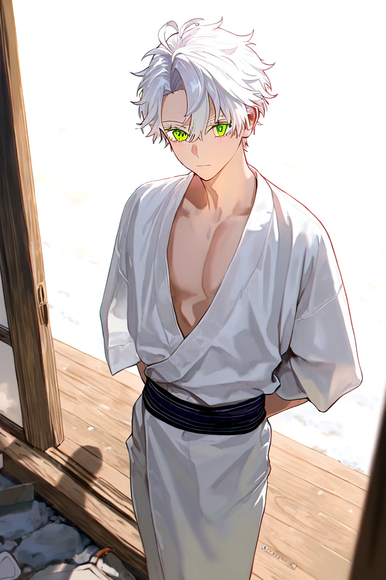 masterpiece, best quality, detailed, 1boy,  male focus, sakata gintoki, <lora:SakataGintokiV1:0.55>, light smile, portrait, close portrait, arm behind head, indoors