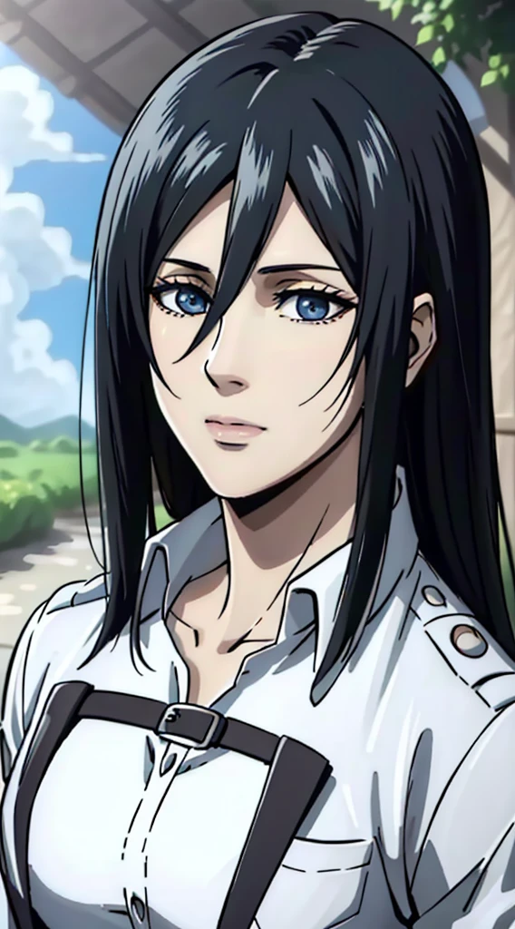 (masterpiece:1.2, best quality), photorealistic, (hyperrealistic:1.2), beautiful, woman from AOT but with long hair and  , blue eyes , she's a doctor , Mappa style 