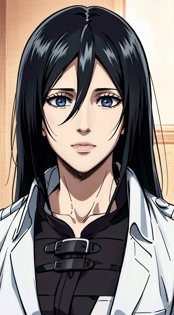 (masterpiece:1.2, best quality), photorealistic, (hyperrealistic:1.2), beautiful, woman from AOT but with long hair and  , blue eyes , she's a doctor , Mappa style 