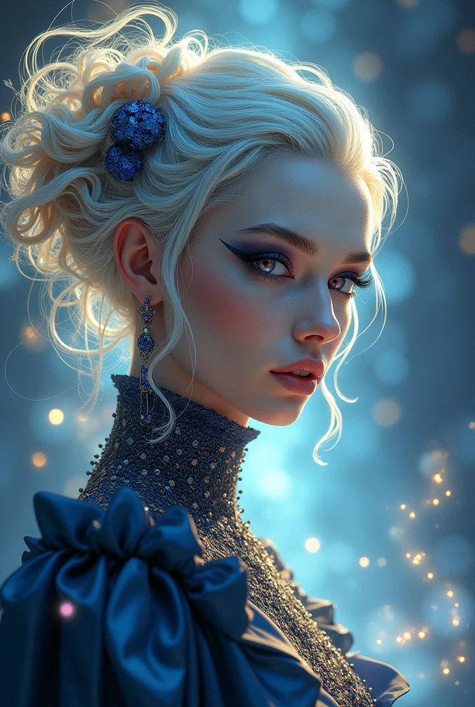 masterpiece, medium full shot, an ultra hot gorgeous European woman. Age 23. (golden hairs), (beautiful blue seductive eyes), (tribal tattoo on hands), White, Orange and Blue colors, Foggy background, Graceful pose, (looking at viewer), (front view),(bokeh:1.2),  sultry look, seductive,
