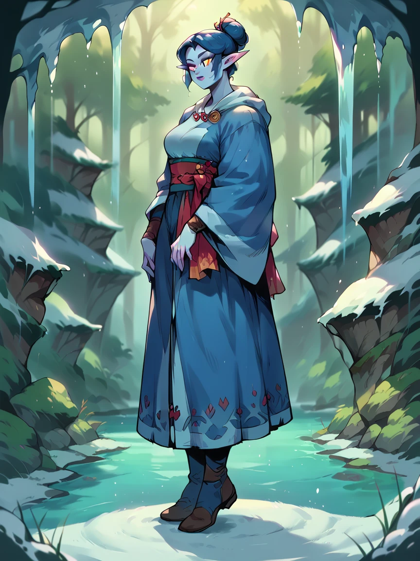 Diagonal side view, Full body of A beautiful Asian ice elf in an icy tundra, she has long glowing blue hair with Snow White skin, her eyes are ice blue and she wears a kimono fused with light ninja armor, she has a widows peak hairline and long pointy ears, she has a muscular body, she is standing in the middle of a ice covered lake in a blizzard