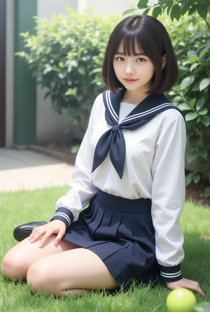 (((​masterpiece))), (((Full body photo)))， (One beautiful Japan girl, classmates, landscape and innocence，kawaii) ，超A high resolution, Realistic, ultra-detailliert, 8K,top-quality, Extremely detailed, Detailed background,A slender,very beautiful japanese girl, Detailed face:1.3), (Bery short hair，A dark-haired :1.4), (a baby face，kawaii系,adorable 14 year old girl), (Perfect body:1.1),  (Neat sailor suit，Dark blue mini skirt、Dark blue high socks、lowfers), Sitting on the lawn in the park，cheely smile,Please show me your beautiful teeth,Focus on the crotch，Panties are visible，Underwear is sheer，rosy cheeks，Super Detailed Face、Detailed lips、A detailed eye、small gravure idol，Transparent skin、Lori，japanese hight school uniform，Shade，Under a big tree，电影灯光，Bento，Brown Backpack