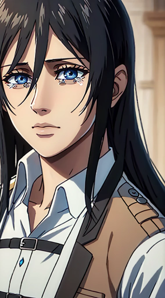 (masterpiece:1.2, best quality), photorealistic, (hyperrealistic:1.2), beautiful, woman from AOT but with long hair and  , blue eyes , she's a doctor , Mappa style ، crying,sad