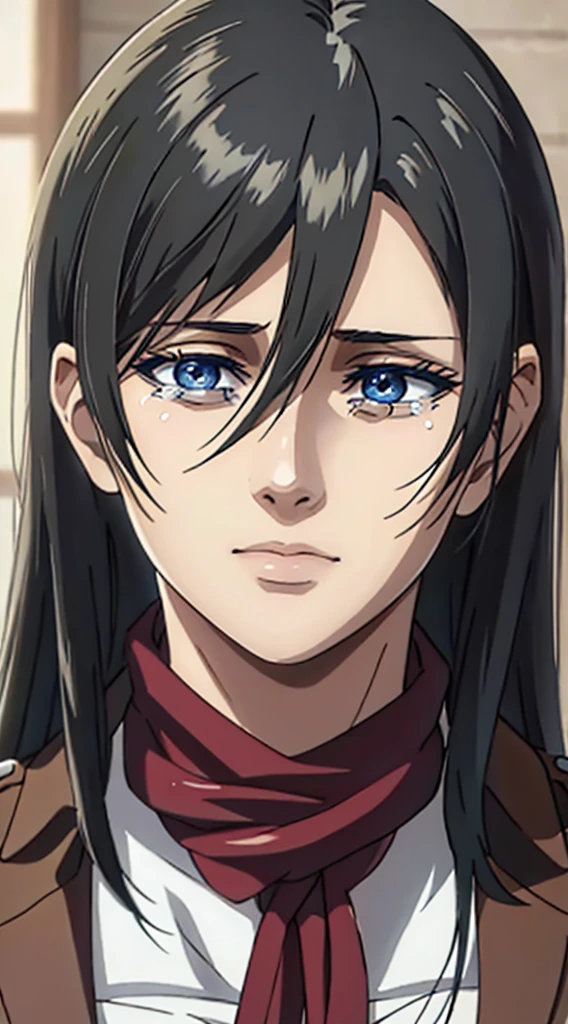 (masterpiece:1.2, best quality), photorealistic, (hyperrealistic:1.2), beautiful, woman from AOT but with long hair and  , blue eyes , she's a doctor , Mappa style ، crying,sad