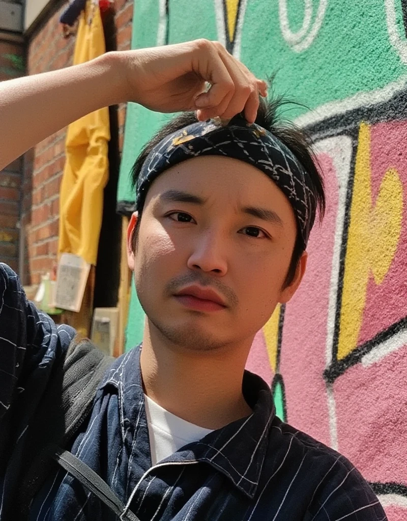 Male Model,  hand in own hair , graffiti wall,  cool pose,  cap, Backpack, In the sunshine,  casual, like々Shii