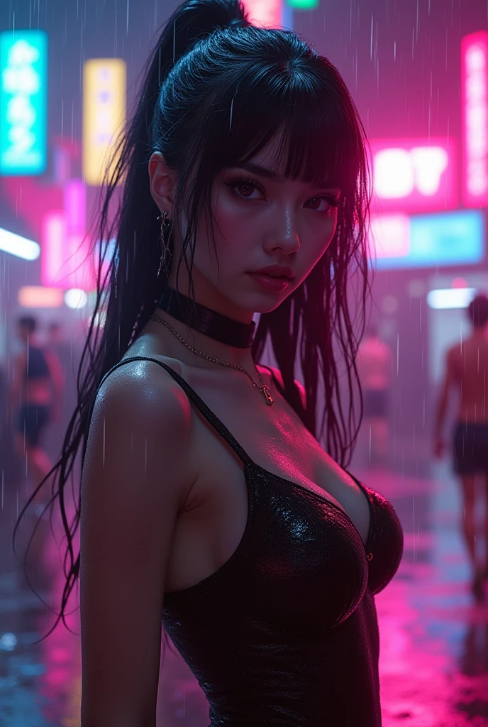 A naked girl with purple eyes in red torn suit and wet body and laying in cyberpunk city and rainy weather and watching me with smile