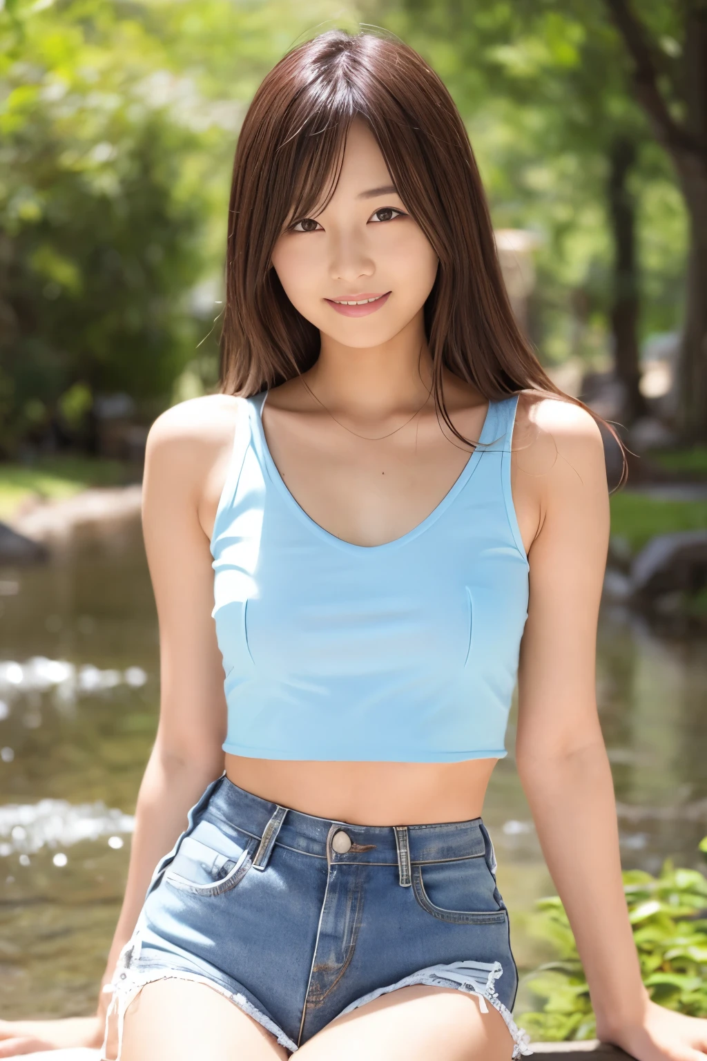 (Highest image quality, Highest image quality, Super A High Definition), (Raw photo, Realism 1.4), (flat chest), Fine skin, Fine face, Cute, AKB Girl, Teen Girls, Small breasts, Perfect Skin, thighs thighs thighs thighs, Medium Hair, Perfect, Brown hair, Brown eyes, Gravure Pose、Full body, (((Spread)), shiny, ((Pastel colored tank top))、Bright sunlight, Smile, Realistic