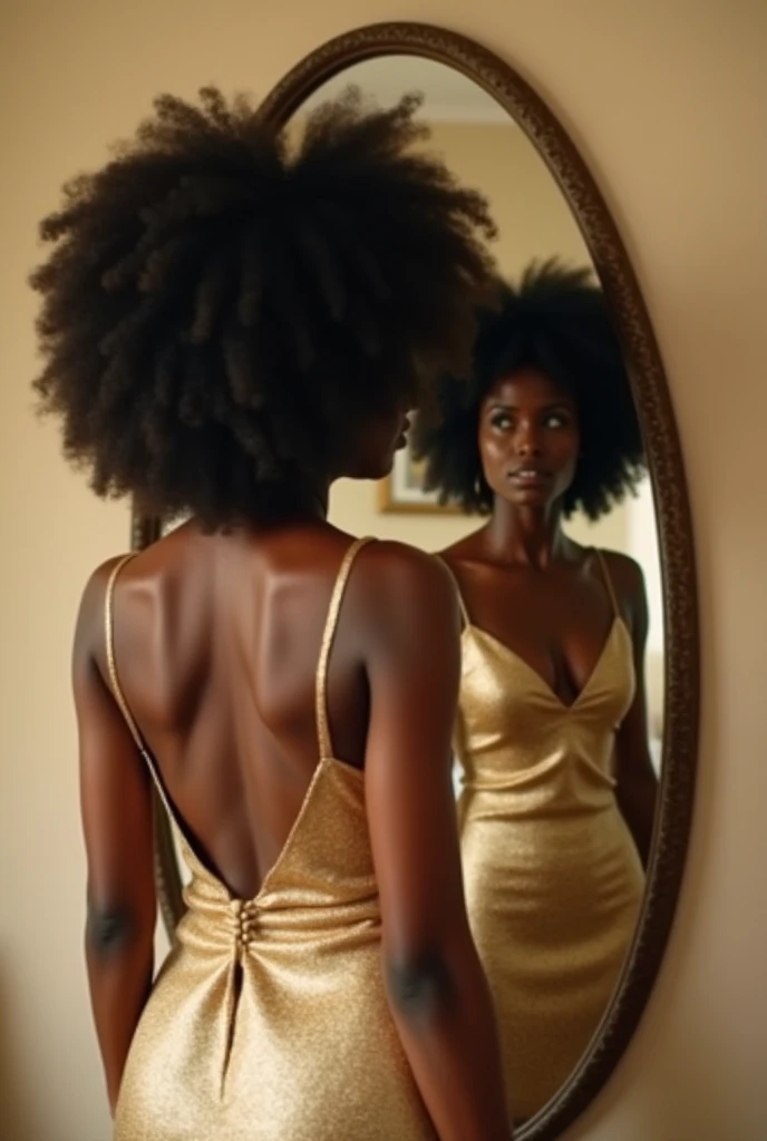 ((ultra realistic)) ((wide shot photo)) of a ((beautiful black woman with afro hair)) (((looking at herself))) ((in the mirror wearing jewelry)) ((where she shows her own reflection.)) in a ((luxurious setting)).