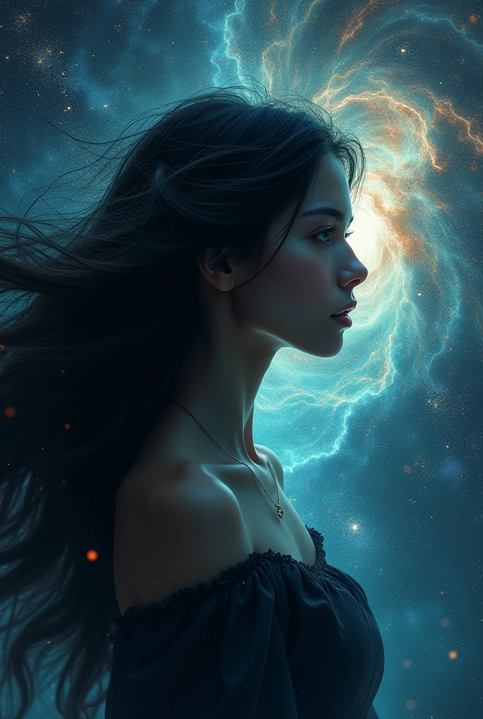 In the depths of the night, where the constellations form an infinite tapestry of paisleys, a solitary figure stands, lost in thought. The condensation from the night's chill tumbles down, blurring her vision, yet her gaze remains steadfast, peering into the enigma that the cosmos presents. Is it in the labyrinth of the stars above, in the cryptic signs of the heavens, or is it a reflection in her eyes themselves, a cryptic mystery only she can decipher?
This intimate moment is captured in exquisite detail, with the artists' masterful strokes bringing the glowing pupils of the figure to life, their intr