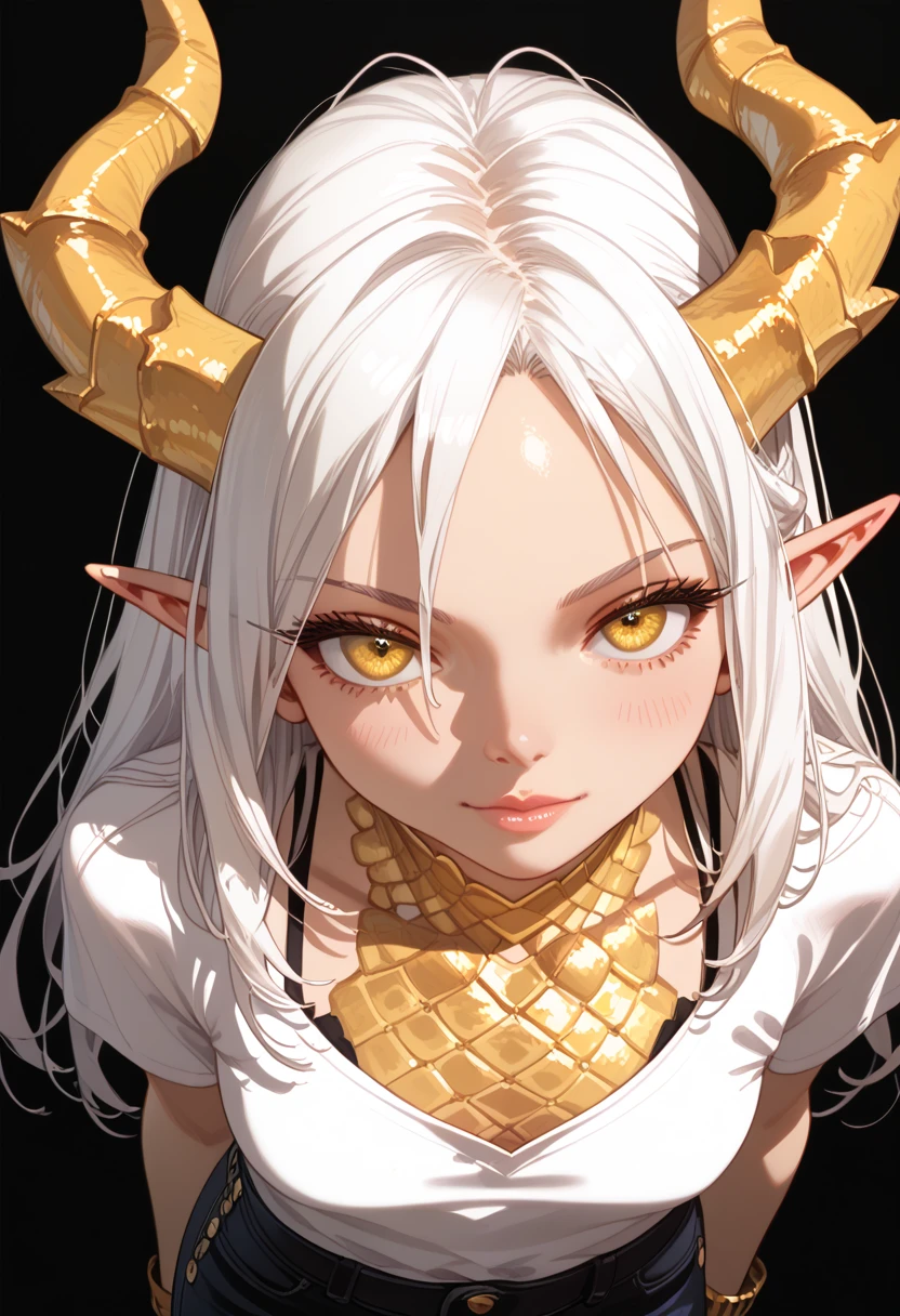 1 , Alone,  long hair pants,  white hair, Split fringe , short bangs, detailed,  yellow eyes , Dragon girl,  golden dragon horns ,  Cauda de Dragão, golden  Cauda de Dragão, pointy ears,  gold scales on the cheek,  wearing a white shirt , camisa oversized, ombro no, bare legs,  arms on the sides , Tiro de Cowboy,  black background,  simple background ,  masterpiece ,  best quality , score_9, score_8_above, score_7_above, score_6_above