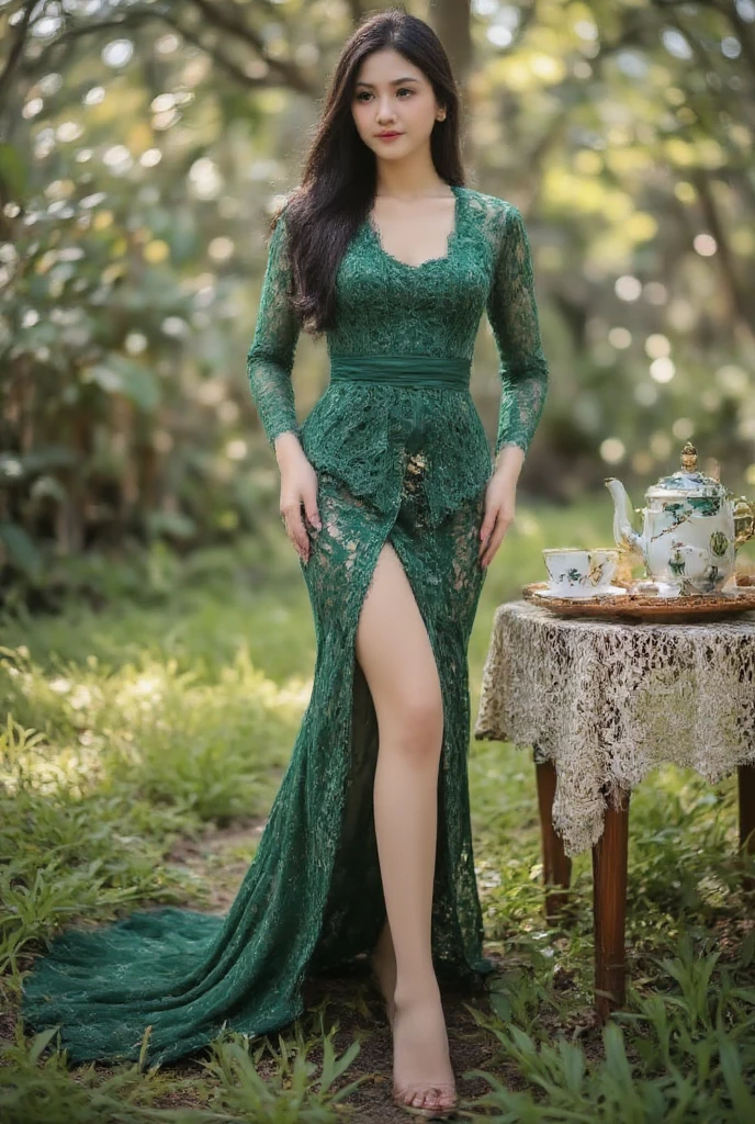 In an enchanting forest clearing bathed in the soft, dappled light of early morning, a stunning Thai model stands tall, her long raven hair cascading down her back. She wears a dramatic emerald gown with an extravagant train that flows behind her, perfectly complemented by a dangerously high slit that adds an edgy touch to her ethereal appearance. The gown is adorned with delicate floral patterns, harmonizing with the vibrant greens and earthy browns of the surrounding foliage. The atmosphere is magical, accentuated by floating golden sunlight filtering through the treetops. A whimsical tea set rests on a vintage lace table, and the model gazes thoughtfully into the distance, her enchanting emerald eyes reflecting the beauty of her natural surroundings. This scene embodies an artistic fairy tale, captured in hyper-detail, filled with rich colors that evoke a sense of wonder. 