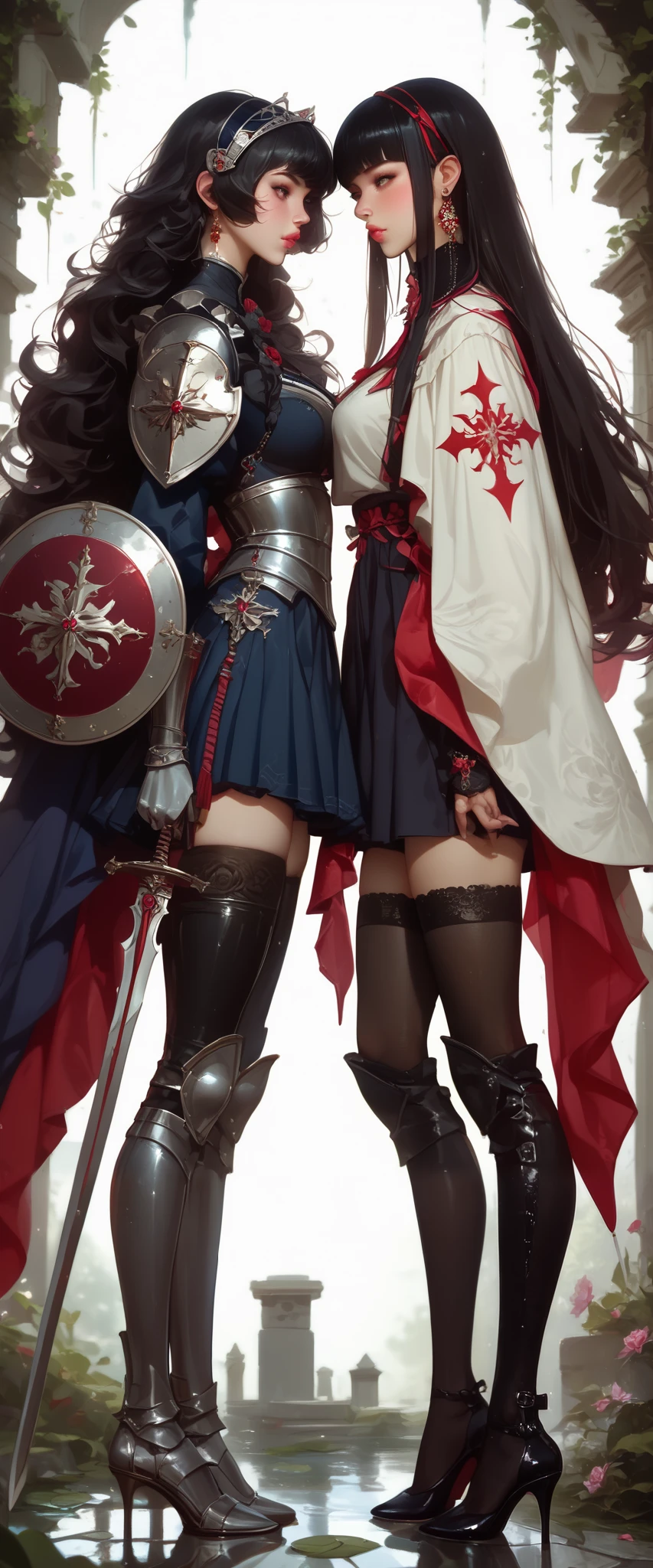 Full body 、knight、 thick lips 、Depression、20 years、Women、 black hair 、 red cheeks 、 pink lips、 long straight hair、chelín、hime cut、 Fondo simple、 profile support 、 Full body 、 with shield and sword 、 shot with a wide-angle lens, 2b nier automata, S_Unholy