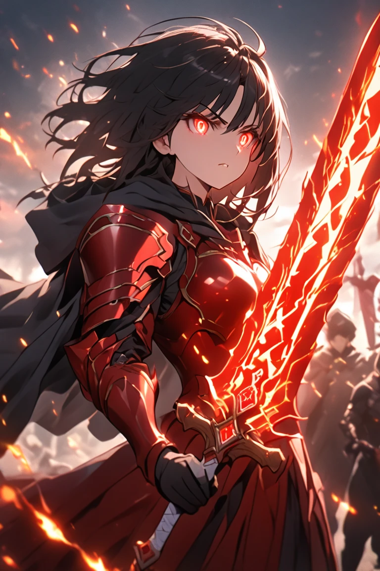 Girl with short black hair, glowing eyes, crimson dress armor and black cape, wielding a red crystal morningstar, trails of flames from the morningstar, dynamic battle scene,runa sword,