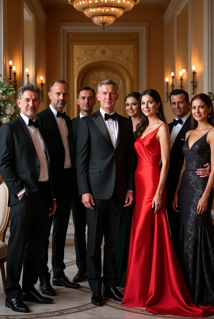 a group of people in formal attire celebrating, elegant gala event, award ceremony, smiling faces, applauding, sophisticated formal setting, chandelier lighting, champagne glasses, red carpet, award trophies, glamorous makeup and hairstyles, (best quality,4k,8k,highres,masterpiece:1.2),ultra-detailed,(realistic,photorealistic,photo-realistic:1.37),cinematic lighting,dynamic composition,high-end fashion,professional event photography