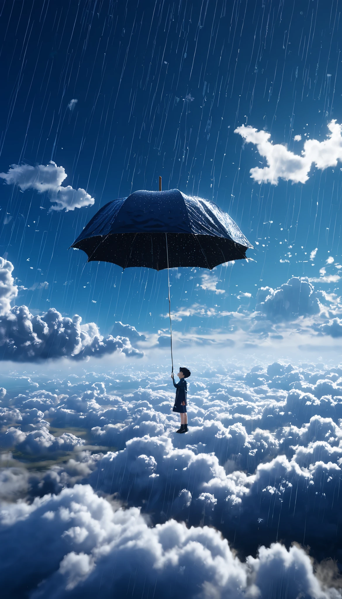 Sky-only image:1.5、Cloudy sky with rain,Realistic,極めてRealistic, extremely detailed,Breathtakingly realistic, High Contrast Realism , High Saturation Realism, bright colors, Dramatic lighting ,Attractive scenery, is the pinnacle of a compelling story , 。 When a very detailed CG unit is standing、 is a star-shaped highlight 。 、 ,Stunning visuals , intricate details,Strong emotions,celestial beauty,A dreamlike world, 「 The The Boy Floating Above the Clouds ( The Boy Floating Above the Clouds )、Scattered Rain Clouds 、