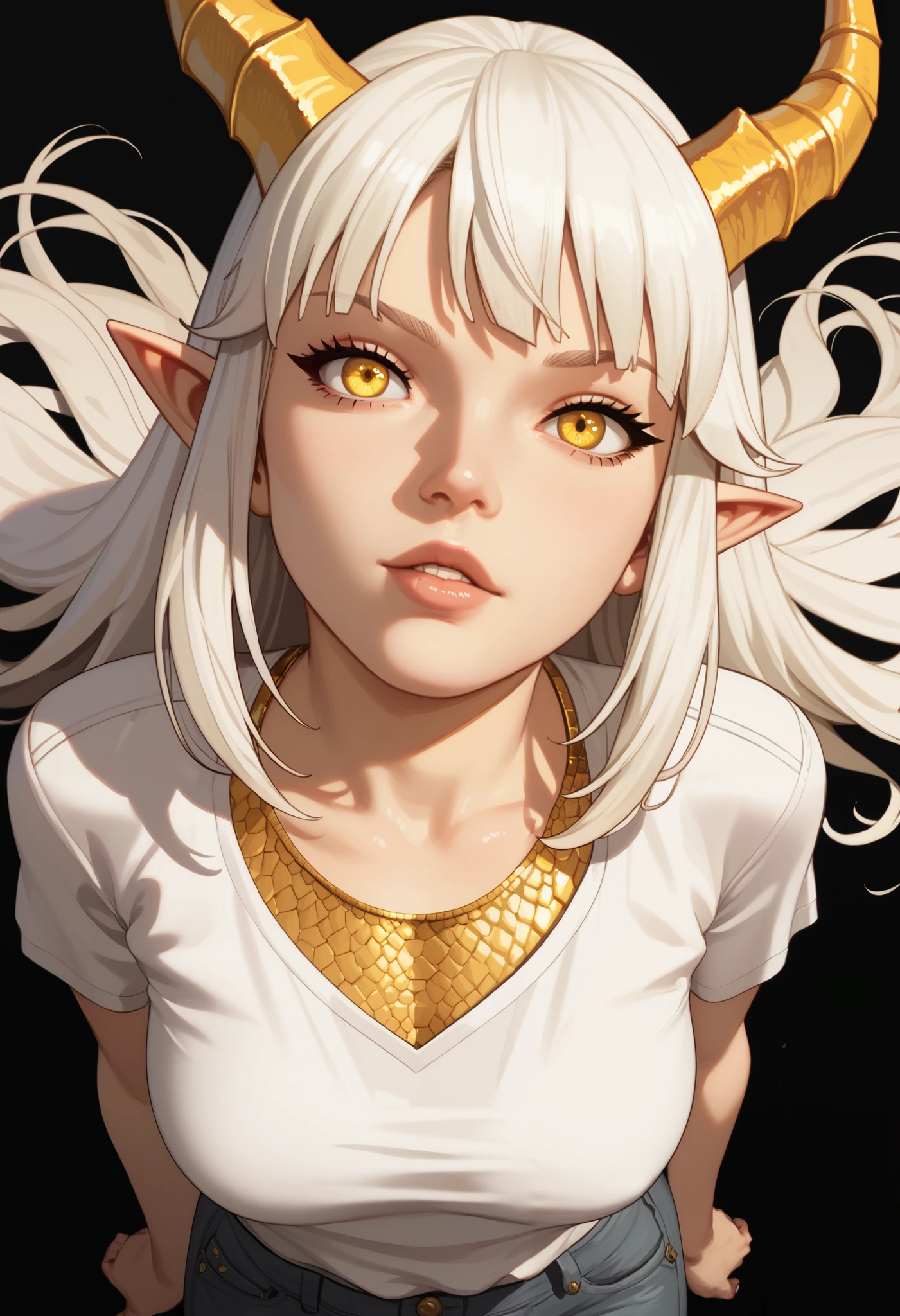 1 , Alone,  long hair pants,  white hair, Split fringe , short bangs, detailed,  yellow eyes , Dragon girl,  golden dragon horns ,  Cauda de Dragão, golden  Cauda de Dragão, pointy ears,  gold scales on the cheek,  wearing a white shirt , camisa oversized, ombro no, bare legs,  arms on the sides , Tiro de Cowboy,  black background,  simple background ,  masterpiece ,  best quality , score_9, score_8_above, score_7_above, score_6_above