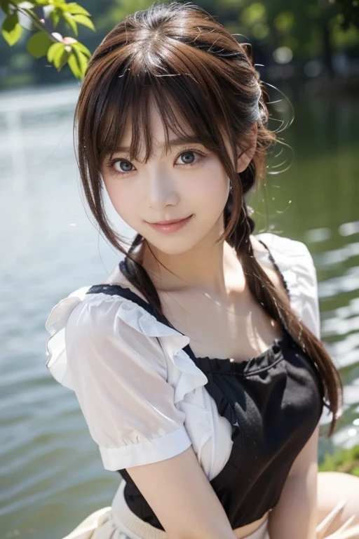 best quality, ultra high res, (photorealistic:1.4), cinematic lighting, <lora:Yaorenmao:0.6>, long hair, bangs, upper body, light smile, twintails, detailed dress, outdoor, sunny,