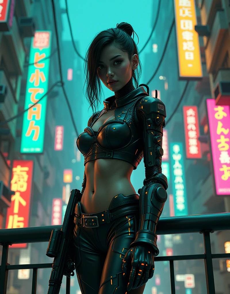 At night, dark sky, aerial view of fantasy cyberpunk style Moai-statue city, ((flying vehicle)). ((1girl, solo, alone)), photo realistic, medium-breast:1.1 slim body, cleavage, sexy clothes, (black sunglasses), (((hip-up standing and pistol aiming pose))), half-body thigh level medium shot, cinematic lighting.