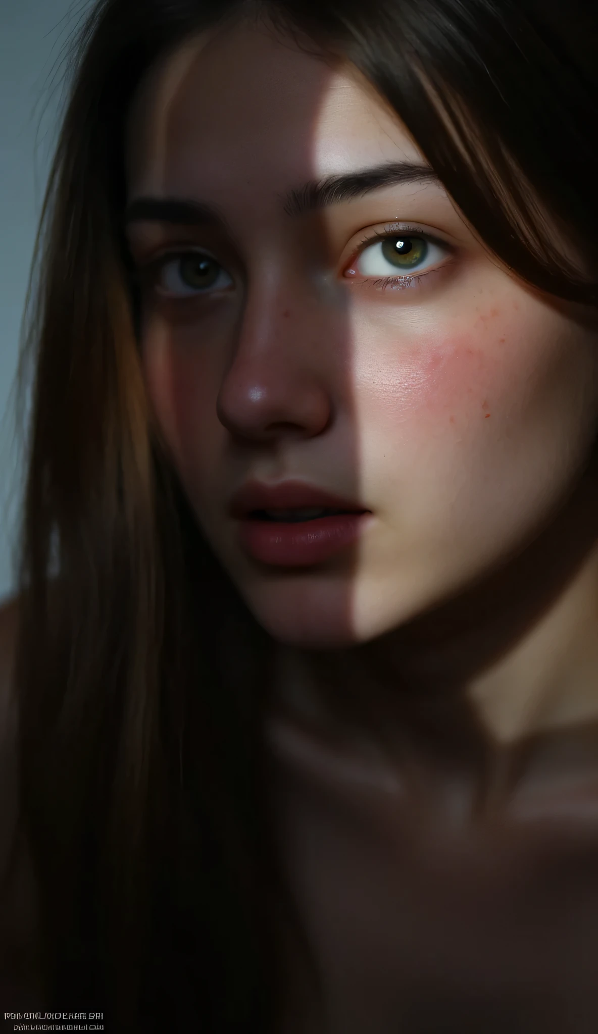 a beautiful girl , kneeling in front of the spectator , huge shadow of a penis on her face, She looks at him with amazement , detailed facial features , photorealistic , dramatic lighting , high quality, 8K, hyper Detailed, masterpiece.