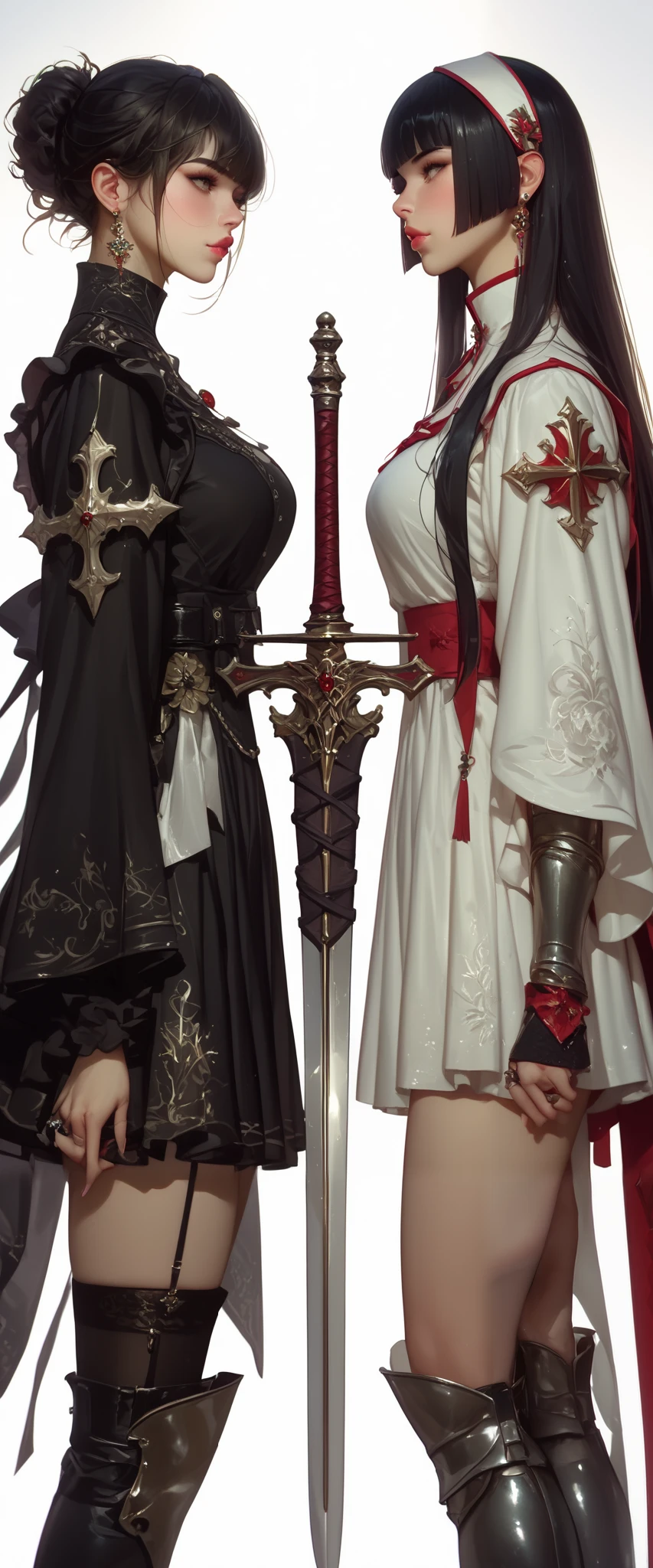 Full body 、knight、 thick lips 、Depression、20 years、Women、 black hair 、 red cheeks 、 pink lips、 long straight hair、chelín、hime cut、 Fondo simple、 profile support 、 Full body 、 with shield and sword 、 shot with a wide-angle lens, 2b nier automata, S_Unholy