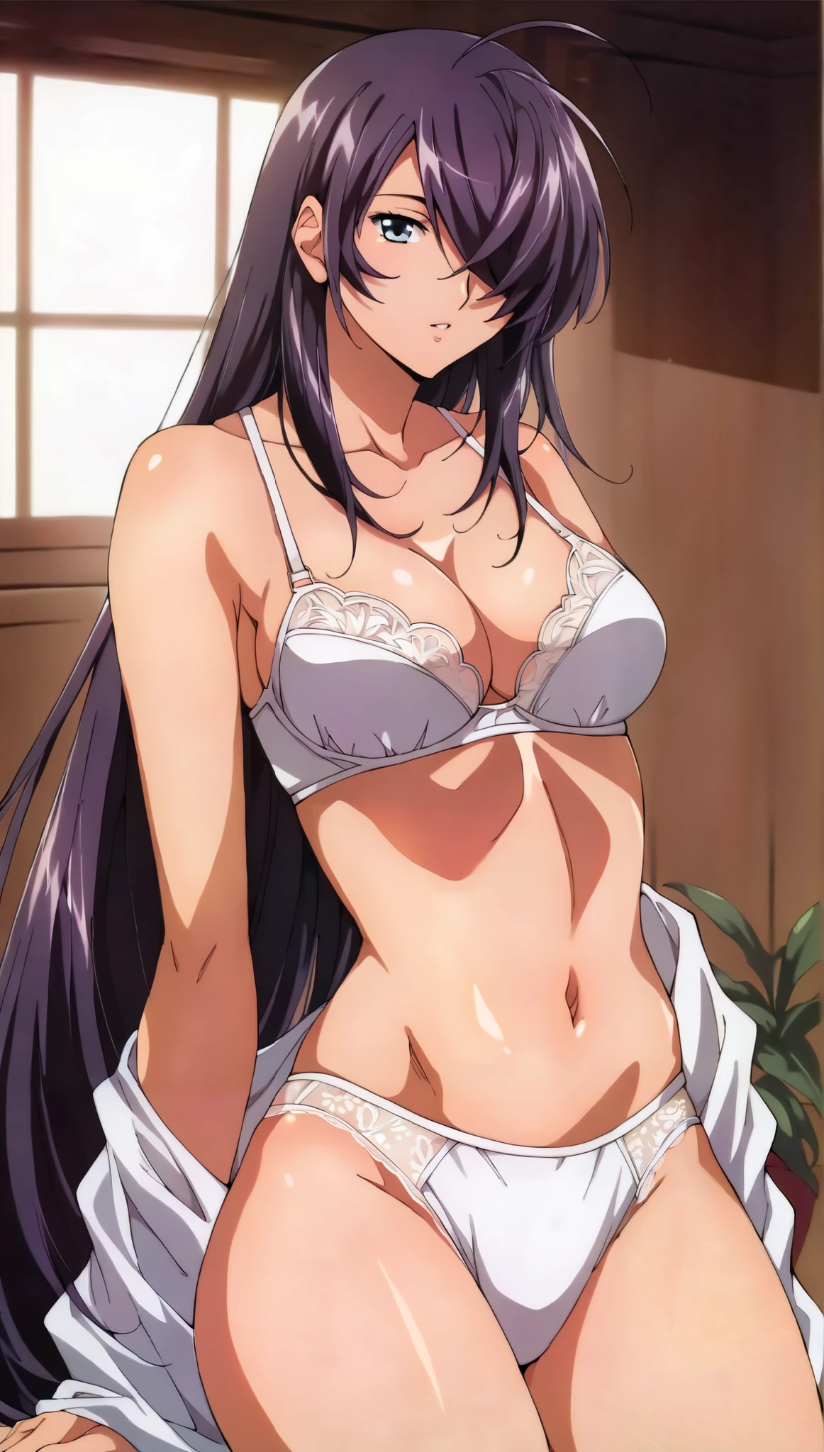 score_9, score_8_up, score_7_up, score_6_up, score_5_up, score_4_up, (masterpiece:1.4), best quality,source_anime,cowboy shot,source_anime,clip , break, clip skip:2 NSFW,(hair over one eye:1.4),1girl, Alone, (lighting forward:1.4),Small face,(24 years old:1.3),( bright lighting ,Daytime:1.4),Beautiful breast shape, beautiful eyes,sexy,(Beautiful female body:1.4),Beautiful arms,(half closed eyes:0.9),big eyes,(arms behind head:1.3),(bedroom, white bed:1.4),sit,( large breasts), (hair over one eye:1.4), (very long hair:1.3), navel, purple hair,White lace underwear, Gravure Poses,( sit on the bed:1.4), (lighting forward:1.4)