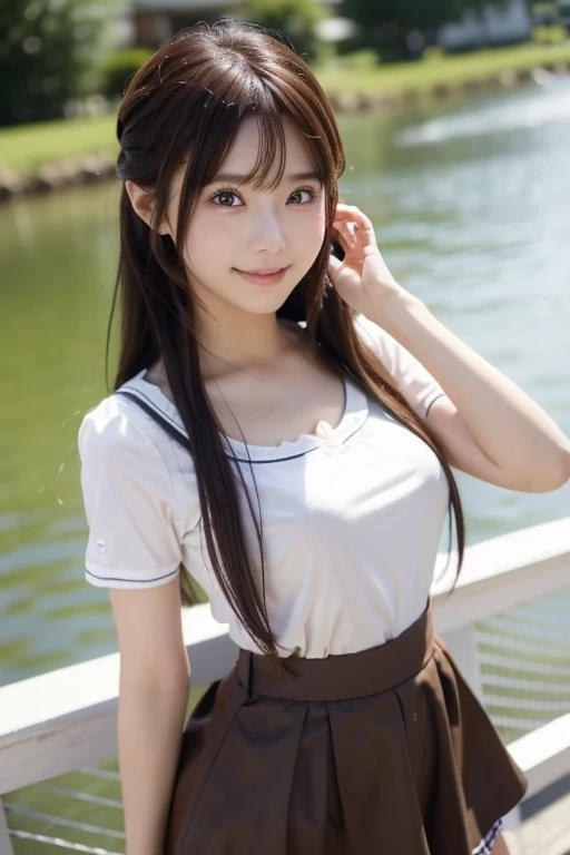 highest quality、Realistic、female、zoom、Orange Eyes、Black hair twin tails、Plain white T-shirt、Rolling up his sleeveini skirt with red pleats、slender、Dark Skin、smile、Bust Shot、