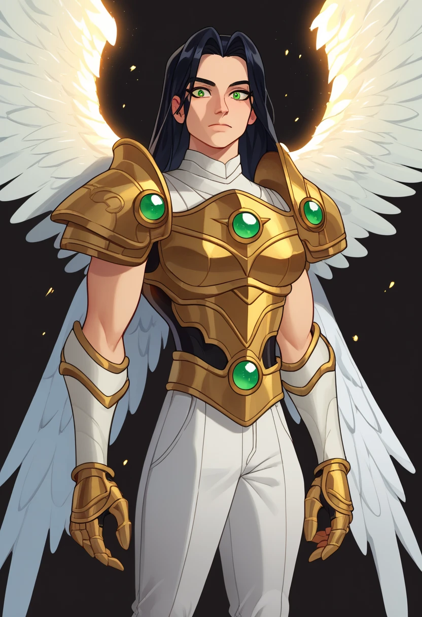 I10, I wore a, Insignia, Symbol, Symbol del omnitrix, 1 woman,  green eyes, alas, Angel wings, armor, armor de metal, armor dorada,  black hair, Big breasts, Long eyes,  white pants,  Long hair , armor solar