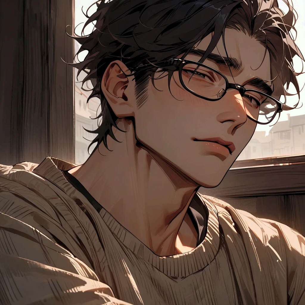 masterpiece, newest, absurdres, safe, high detailed, masterpiece. high detailed, male, relaxed, Male, Masculine, handsome face, Nonchalant, Handsome male, Upperbody, handsome. Black hair, Handsome eyebags, tired, male, unkempt male, Sweater, glasses, black hair, short short hair.