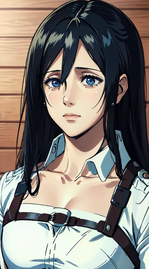 (masterpiece:1.2, best quality), photorealistic, (hyperrealistic:1.2), beautiful, woman from AOT but with long hair and  , blue eyes , she's a doctor , Mappa style ، crying,sad