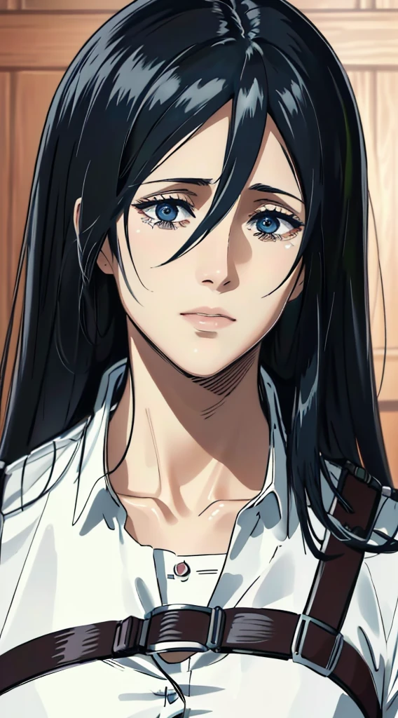 (masterpiece:1.2, best quality), photorealistic, (hyperrealistic:1.2), beautiful, woman from AOT but with long hair and  , blue eyes , she's a doctor , Mappa style ، crying,sad