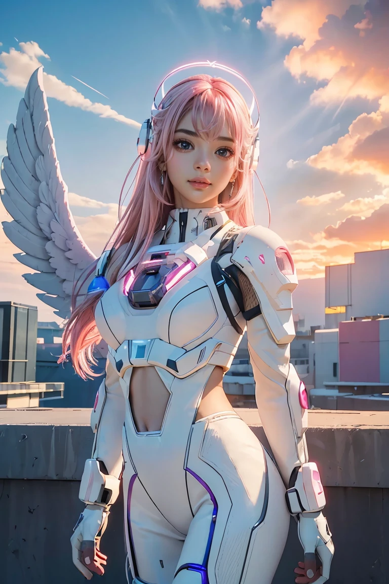 ((masterpiece, best quality, extremely detailed), volumetric lighting, ambient occlusion, colorful, glowing), 
1girl, solo, young girl, (pink hair), long hair, halo, aura, sacred, godness, cyber suit, (white outfit:1.3), android, bot, angel wings,
outdoors, sunset, sky, clouds, space, (cyberpunk theme:1.2),