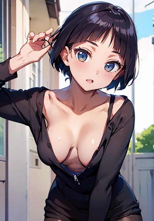 Mavis dracula, short black hair, blue eyes, small breasts, slim body, thin kegs, nude, detailed nipples,  exposed breasts, NSFW, headoat , pov, high angle view, (masterpiece, best quality, photo realistic:1.4), (shiny skin), (UHD, 8K wallpaper, High resolution), Perfect  anatomy, Cinematic lighting, physically-based rendering, award-winning, extremely detailed skin, extra detailed face, eyes with beautiful details, Carl Zeiss 85 mm F/1.4, (((1girl and 1man, couple, having sex))), (a man standing in front of a kneeling woman, grabbing her head)(girl kneeling in front of a man:1.3), (woman tilting her head up), (1girl: 32 year old married woman, Japanese secretary , (navy pleated Skirt lifted by herself:1.3), (1girl: noseblush and naughty, eyes), blushing, in the office, (1man: a handsome man and wearing recruit suit, holding her head), shot from diagonally forward, shot from above, head grab