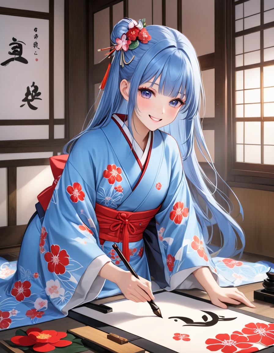  Light blue long hair、   A beautiful twin-tailed girl doing calligraphy in kimono 、smile、 I'm going to start calligraphy in a kimono with a red floral pattern  