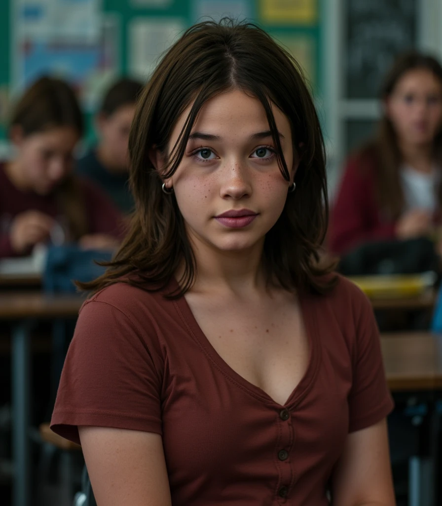 woman,free hair,realistic, looking at the camera, 18 years old,  masterpiece, best quality, illustration, super detailed, Fine details, alta resolución, 8K,, Perfect dynamic composition, sitting on chair, Desk, ((Desks)), ((Classroom)), ((students)), ((((crowd)))), , hoop earrings, ((thick thighs)), Instagram , Schoolgirl, school uniform, (((night))), Dark,  (freckles), (((midriff))), short, short stature, short height, sexy pose, provocative, (((((thick thighs))))), (((busty))), ((thick eyebrows)), ((tight shirt)), ((unbuttoned t-shirt)), (((cleavage))), (((low rise miniskirt)), (((visible navel))), (((bare shoulders)))
