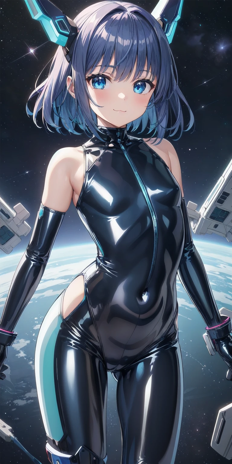 1girl, solo, tailblue, medium hair, blue hair, headgear, perfect face, blue eyes, looking at viewer, cute, smile, :3, closed mouth, thin, flat chest, (shiny blue latex bodysuit:1.2), white elbow gloves, space in background, cowboy shot, scifi, masterpiece, high resolution, best quality,