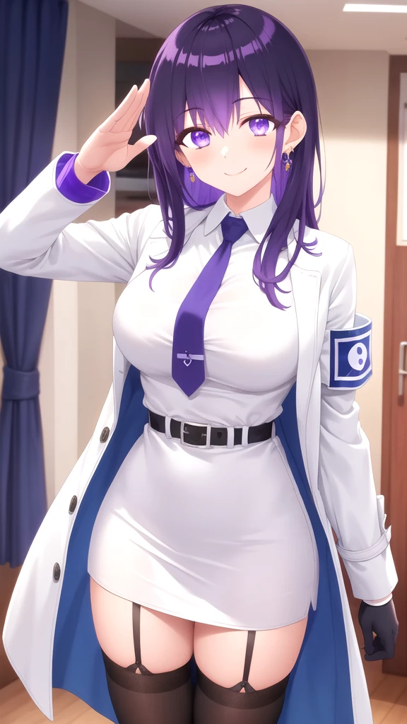 masterpiece, best quality, high quality, girl, solo, looking at viewer, yuuki_izumi, purple eyes, purple hair, large breasts, earrings, blue necktie, collared shirt, white dress, white coat, armband, long sleeves, black gloves, black belt, garter straps, black thighhighs, salute, smile, indoors, standing