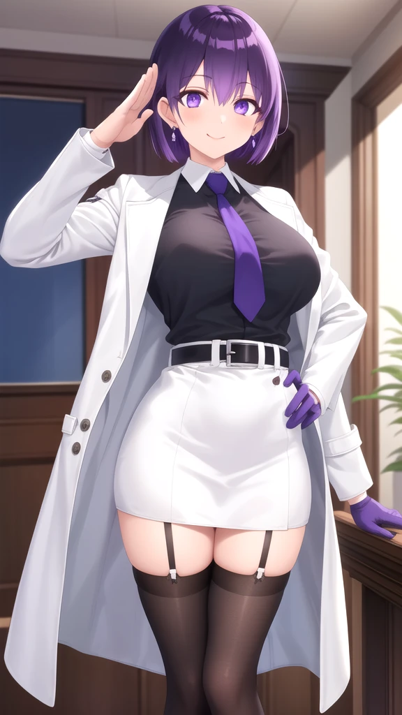 masterpiece, best quality, high quality, girl, solo, looking at viewer, yuuki_izumi, purple eyes, purple hair, large breasts, earrings, blue necktie, collared shirt, white dress, white coat, armband, long sleeves, black gloves, black belt, garter straps, black thighhighs, salute, smile, indoors, standing