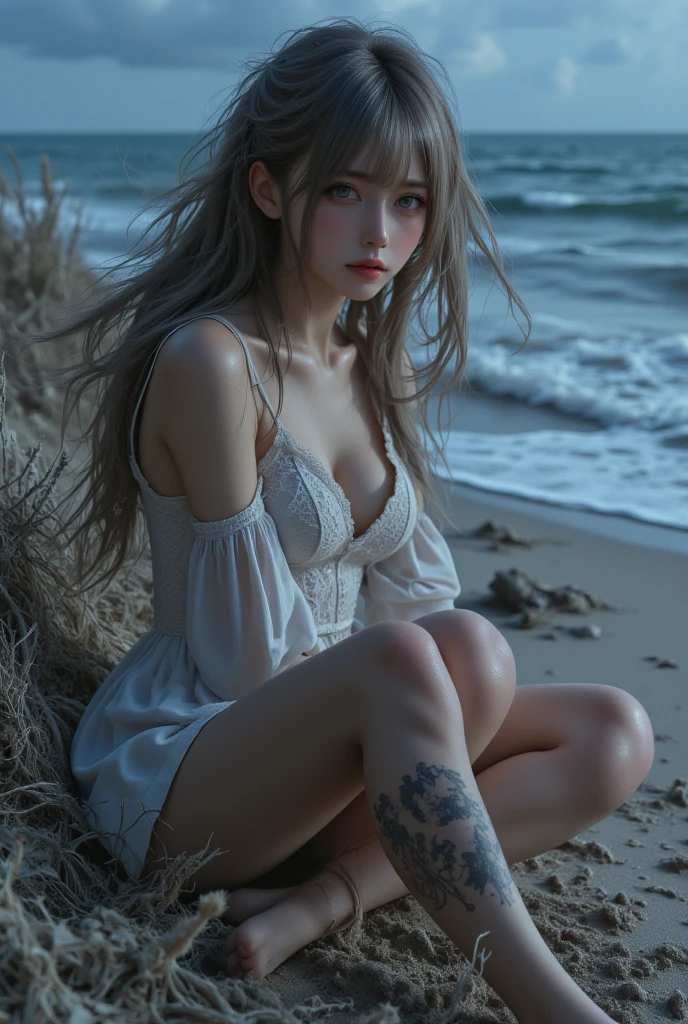 (masterpiece,  best quality : 1.2), Super detailed,  cinematic lighting , HDR, Illustration, sight, 1 woman, ( soft color ),  Post-Apocalyptic Beach, night,  Desolate Atmosphere ,  Girl sitting in the sand , Covered plants , ( cloudy sky),  Waves breaking on the coast , ( Depressed but hopeful ), A moment of quiet relaxation , ( detailed texture ),  hair blowing in the wind , night에는 흐리다