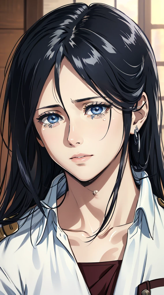 (masterpiece:1.2, best quality), photorealistic, (hyperrealistic:1.2), beautiful, woman from AOT but with long hair and  , blue eyes , she's a doctor , Mappa style ، crying,sad