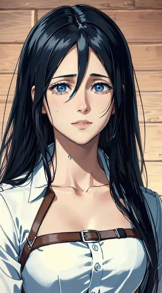 (masterpiece:1.2, best quality), photorealistic, (hyperrealistic:1.2), beautiful, woman from AOT but with long hair and  , blue eyes , she's a doctor , Mappa style ، crying,sad