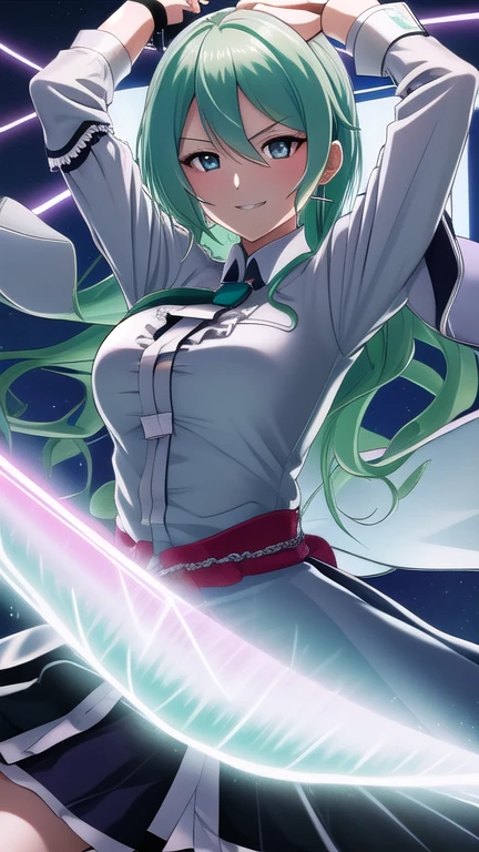 EROTIC、Sayo Hikawa、light green colored hair long、Big Breasts,Bold Oversized White T Shirt , gray eyes、 top quality, detailed face , detailed eyes, high definition,、 Evil Evil Female Executive、Grinning face、Sharp Eyes、 Dye Your Cheeks Red、Cold look、 sexy pose、Fallen into evil、Fall into Darkness、Dark Side、lure、Estrus、 Hotel Bedroom With Purple Neon Lights、Hide your eyes with your hands