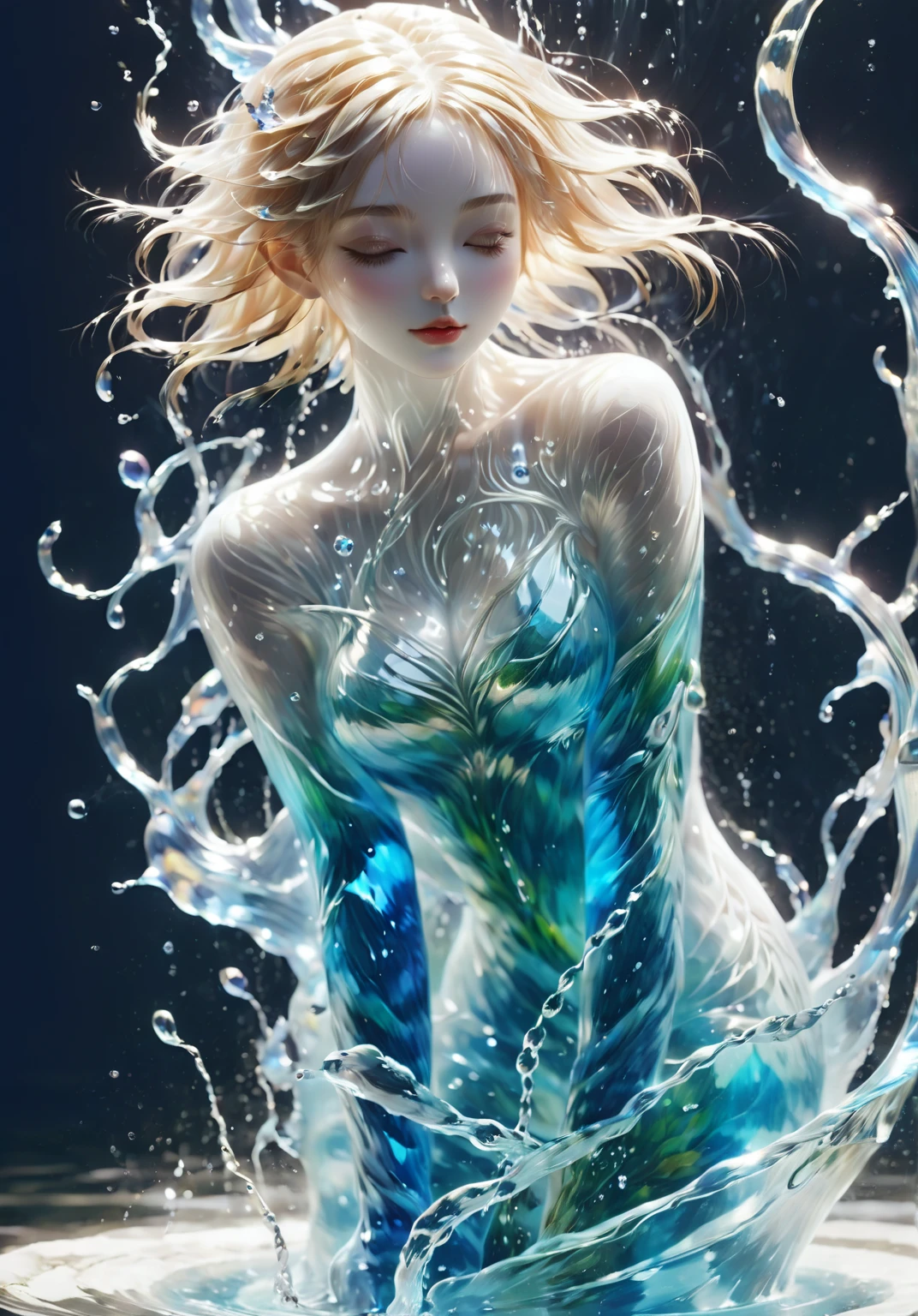 (Masterpiece, high quality, best quality, official art, beauty and aesthetics:1.2),<lora:xl-shanbailing-æ°´å
ç´ 1011waterV20:0.75>,water element,a girl made of water,1girl,water,realistic,reality,((translucent luminous body)),halter_dress,