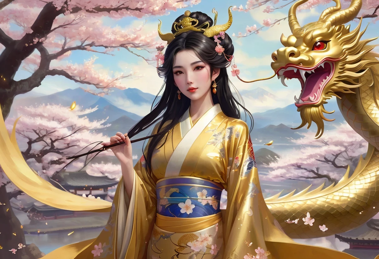 Bela mulher chinesa usando roupas hunfa estilo wuxia,cabelos negros lisos,compridos,olhos negros fascinantes,roupa feminina acentuado suas formas,voluptuosa,elegant dragon princess,sensual,standing holding a large battle spear and beside him an imposing white horse