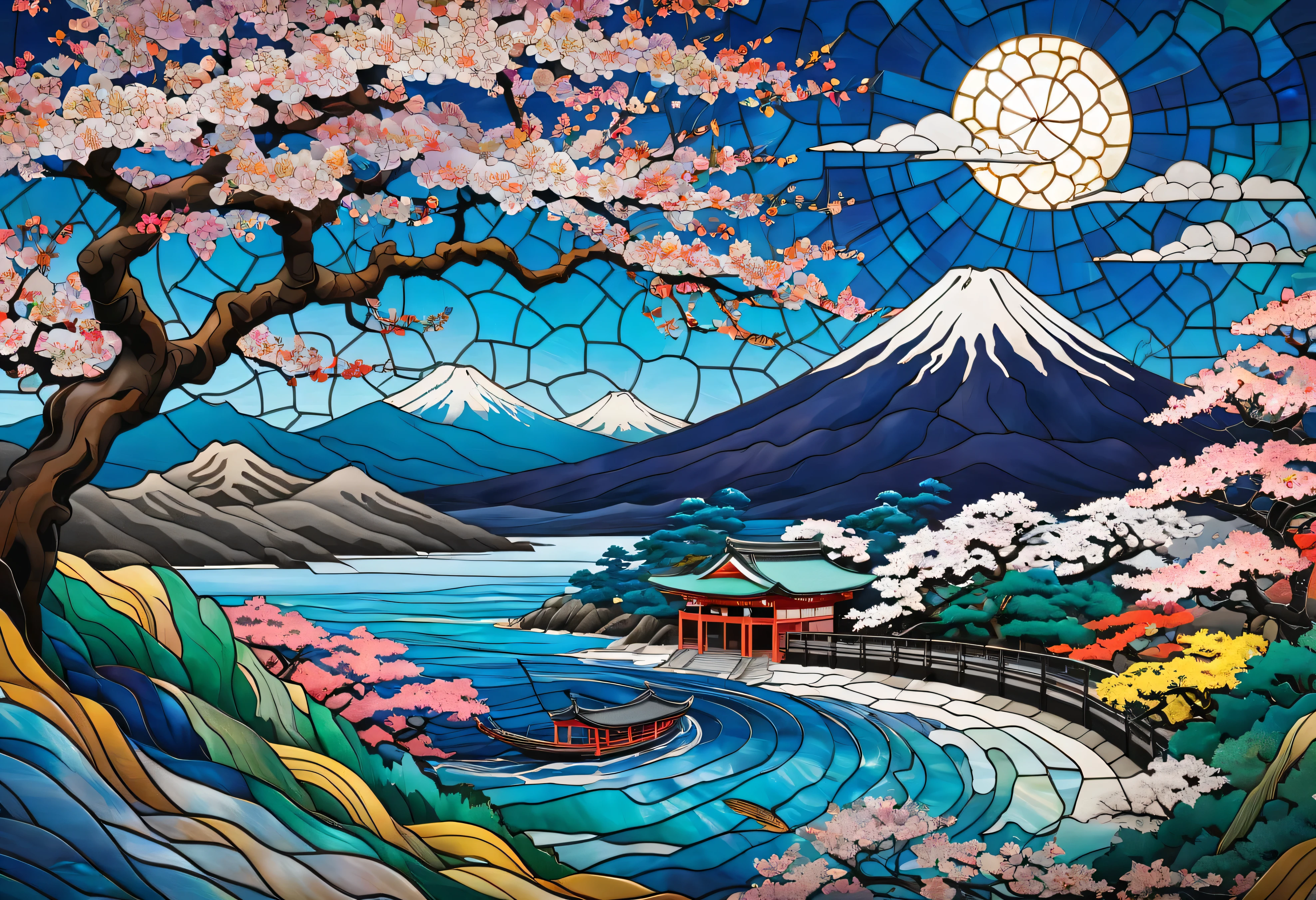 A unique artwork blending the traditional elegance of ukiyo-e with the intricate beauty of stained glass, designed as a 3D jigsaw puzzle. The scene features classic ukiyo-e elements, such as majestic waves, serene landscapes, and cherry blossoms, all rendered as vibrant, colorful stained-glass pieces. The image has a three-dimensional effect, with puzzle pieces interlocking to create depth and texture. Light seems to pass through the stained glass, casting a radiant glow that enhances the vivid colors and intricate details, creating a harmonious fusion of Japanese art and modern design.