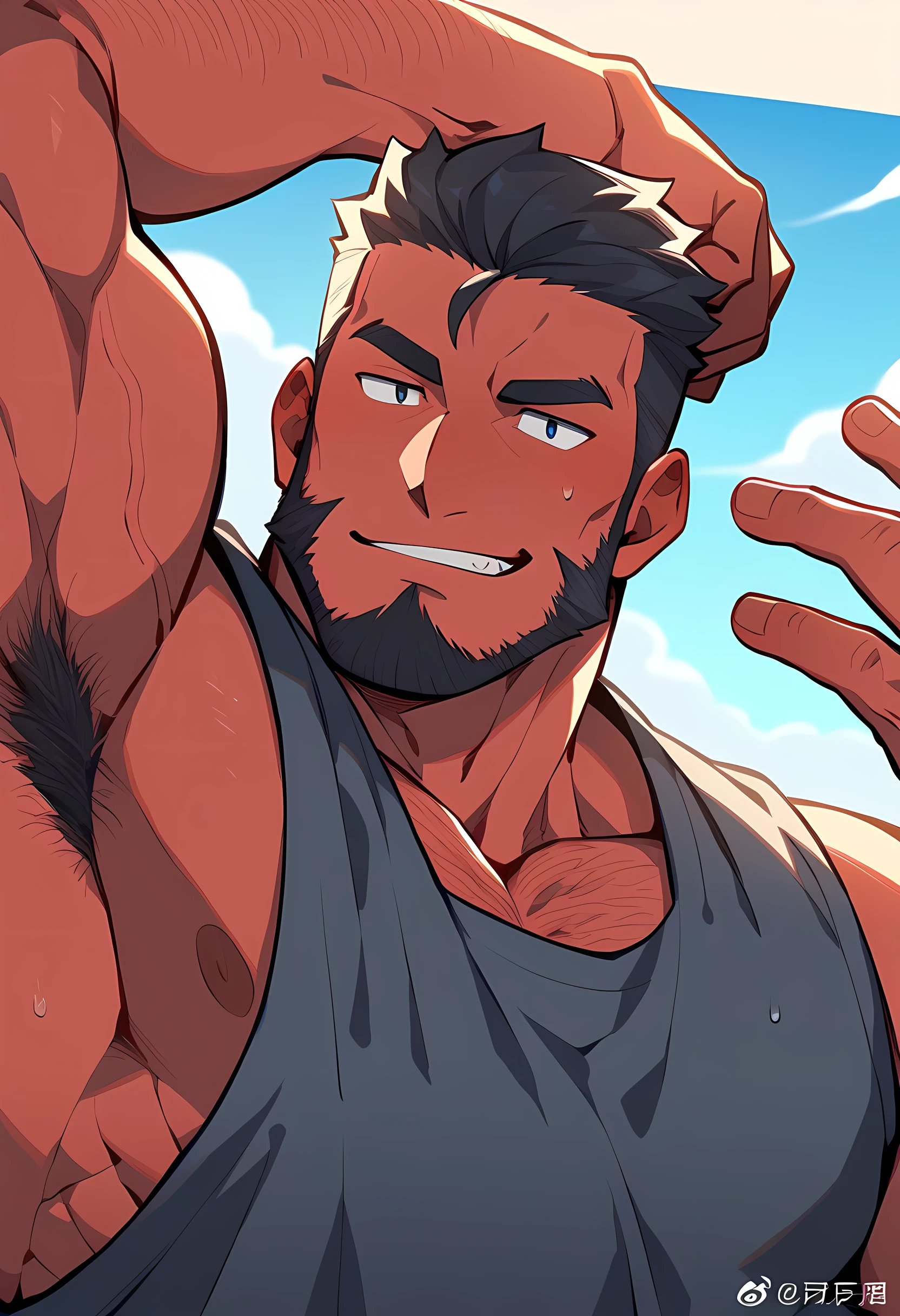 The image shows a muscular man with a hairy Hellboy body and what appears to be Hellboy-style red skin on one arm. He poses with his arm raised, showing off his armpit hair. A gray figure with the word "You" written on it is nestled against his armpit. A kitchen or cooking area is depicted in the background.
