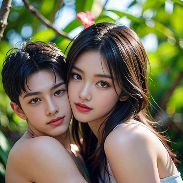 high school students in class . tell each other a secret.one boy is embarrassed, he has red cheeks, one funny . happy . Beautiful . Kinds of sports . Smart , Lovers ! photo portrait of two European boys in the highest quality !!,whole body. Wear a white bikini.