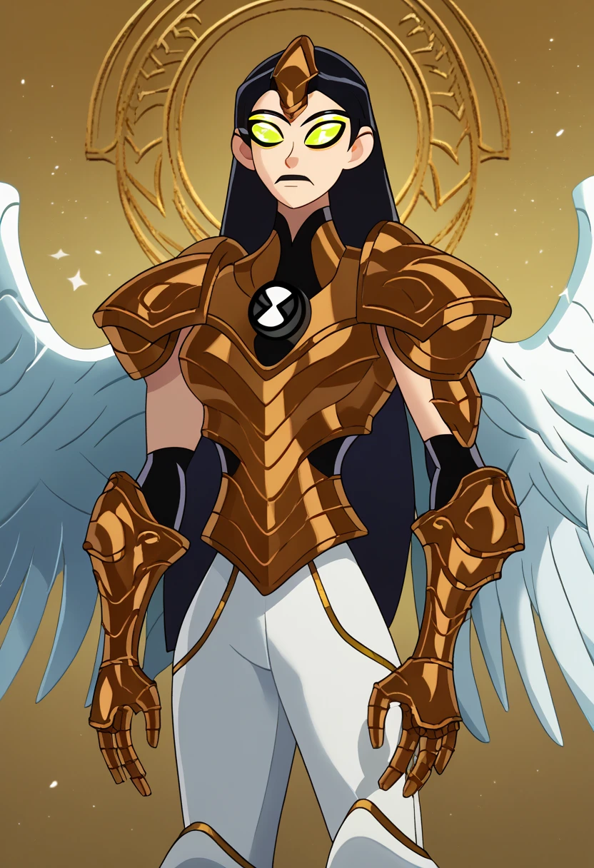 score_9, score_8_up, score_7_up, I10, Insignia, 1 woman,  green eyes, alas,Multiple alas, 4 alas, Angel wings, armor, armor de metal, armor dorada,  black hair, Big breasts, Long eyes,  white pants,  Long hair , armor solar, Ben 10, Insignia