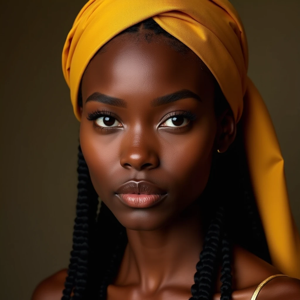 black human woman dressed in yellow and with a yellow cloth tied around her head in a river