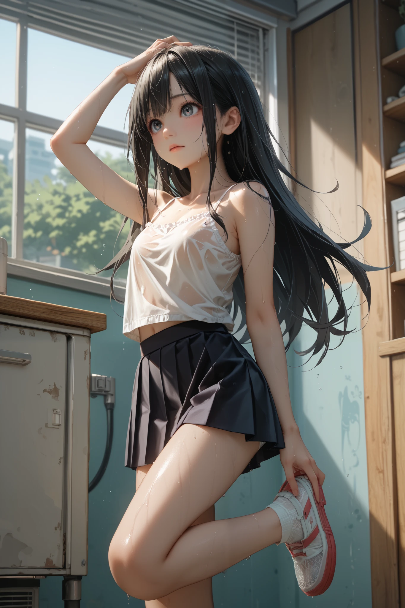 Highest Resolution,Highest quality,１Beautiful girl of the person,mini skirt,Knee-high stockings,Black hair ponytail,Tank top,Hold a hair tie in your mouth,Place your hands behind your head.,